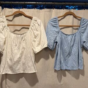 Women’s 100% Cotton Old Navy Square Neck Puff Sleeve Top - White and Light Blue